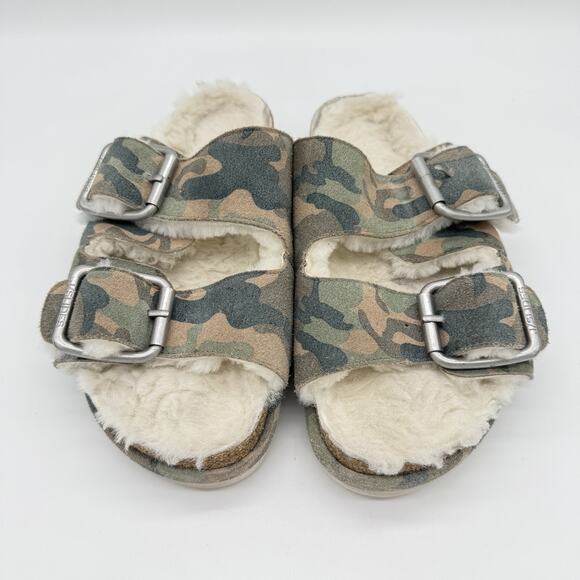 J/SLIDES Lynx Leather Sheepskin Green Camouflage Suede Sandal - Size 6 - Picture 1 of 7